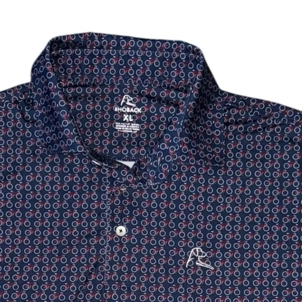 Rhoback Mens Bicycle Print Collared Short Sleeve Polo in Navy Blue & Red Size XL